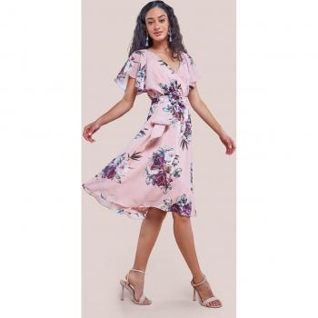 Goddiva Sustainable Floral Print Midi Wrap Dress With Butterfly Sleeves - Peach - Size 18 UK