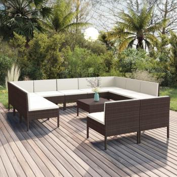 12-Piece Brown Poly Rattan Garden Lounge Set with Cushions