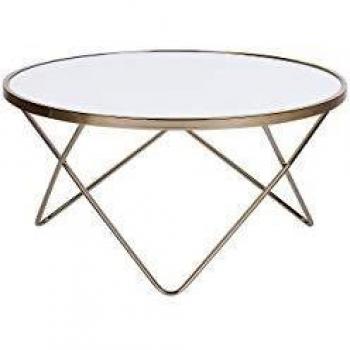 Mesa de Centro Redonda Blanca con Tablero de Cristal Templado y Patas Doradas de Metal tipo Horquilla Meridian II
