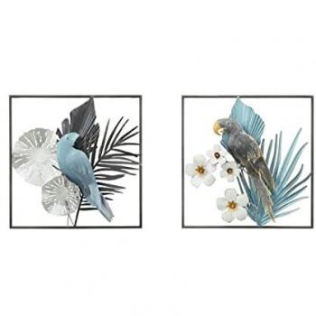 Decoración de Pared DKD Home Decor 50 x 7,6 x 50 cm Negro Gris Azul Loro Tropical (2 Unidades)