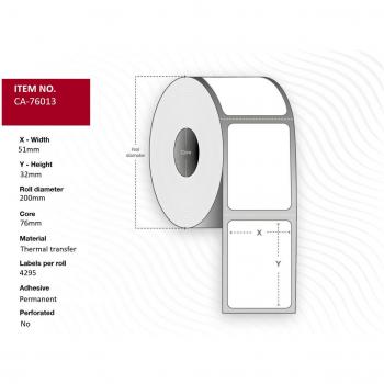 Etiqueta de impresora Capture CA-76013, 51 x 32 mm, núcleo de 76 mm, transferencia térmica, poliéster, permanente, sin perforación, 4295 etiquetas por rollo, caja de 10 roll