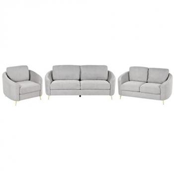 Conjunto de sala de estar 6 plazas en tejido gris claro con detalles dorados, estilo glamour y elegante