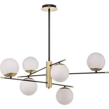 Maytoni Lámpara colgante Nostalgia, 6 luces, negro y dorado, con esferas de cristal, acabado en oro mate, tipo de bombilla E14