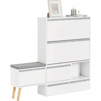 Banco Zapatero con 2 Solapas, 2 Cajones y Banco Móvil de Madera Blanco, Armario de Entrada FSR134-W, Dimensiones: 124 x 92 x 24 x 126 cm