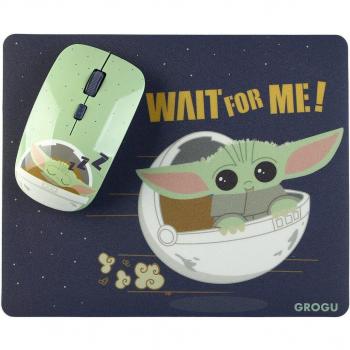 Disney Star Wars The Mandalorian Baby Yoda Grogu Ratón Inalámbrico 1600 DPI y Alfombrilla Combo Pack