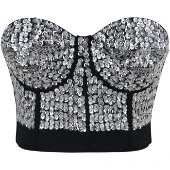 Charmian Women's Burlesque Fashion Beaded Sequins Push Up Crop Top Bustier Bra Silver Small