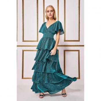 Goddiva Sequin Lurex Tiered Maxi Dress - Teal Blue