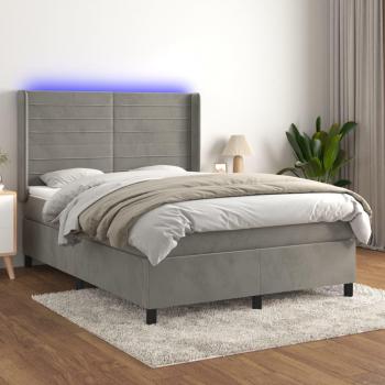 Colchón box spring de muelles y terciopelo con LED gris claro 140x190 cm