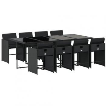 Set de comedor de jardín 9 piezas con cojines de ratán sintético negro