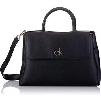 Calvin Klein Women's Black Re-Lock Tote Handbag with Flap and Removable Strap