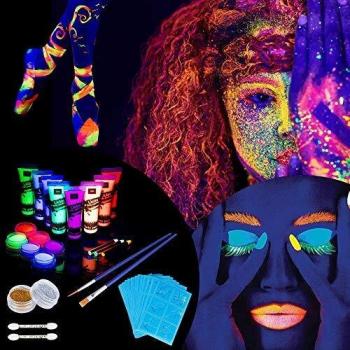 Lictin 43 Peças Pintura Corporal Pintura Arte Corporal UV Luz Preta Fluorescente, Maquilhagem de Arte Florescente cor Maquilhagem