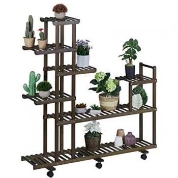 Estantería de Bambú para Plantas con 7 Baldas y Ruedas, 127 x 120 x 36 cm, Color Marrón