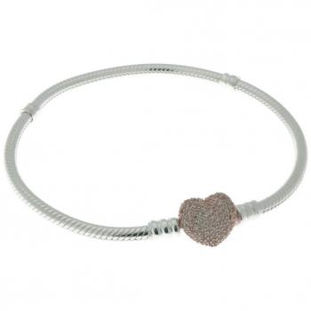 Pandora Moments Silver Snake Chain Bracelet with Rose Gold Heart Clasp and Clear CZ - 16cm