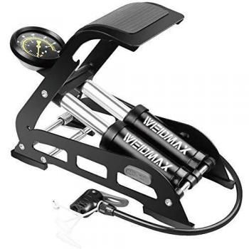 WEIDMAX Bomba de pie de Doble Barril, Bomba de Bicicleta de Doble Cilindro, Bomba de Piso de Bicicleta, Bomba de neumático de Bicicleta portátil con manómetro y Cabezal de válvula Inteligente