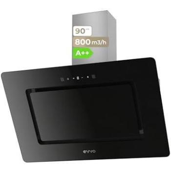 Campana Extractora Decorativa Evvo CE48 Cristal Negro 90 cm, Potencia 800 m³/h, Filtro Aluminio y Carbón Activo, Control Táctil y Gestual, Eficiencia Energética A