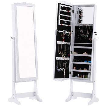 LANGRIA Espejo Joyero de Pie con Detalles Tallados , Armario para Joyas y Accesorios, Interior Aterciopelado, con 5 Baldas para Organizar Anillos, Pendientes, Collares, Pulseras,