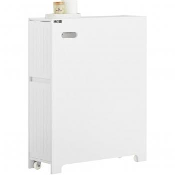 SoBuy Gabinete de baño estrecho con almacenamiento, titular de rollo de papel higiénico sobre ruedas, MDF blanco, dimensiones 60 x 20 x 75 cm, incluye 2 cajones y 4 ruedas