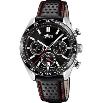Reloj Lotus 18915/4 Chrono para Hombre con Esfera Negra, Correa de Piel Negra y Caja de Acero Inoxidable 316L Plateado