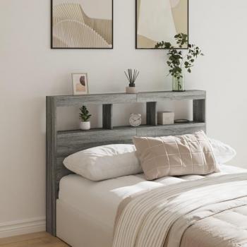 Cabecero de cama con contenedor y luz LED en color gris Sonoma, dimensiones 140x17x102 cm