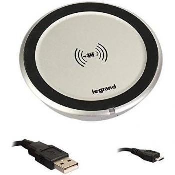 Cargador inalámbrico empotrable para móviles LEGRAND 077580 IP44 IK08, carga inductiva, 1A, 5W, diámetro 80mm, color gris