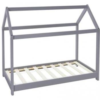 Cama Infantil Casa de Madera de Pino Gris 80x160 cm con Somier y Matriz H-10cm