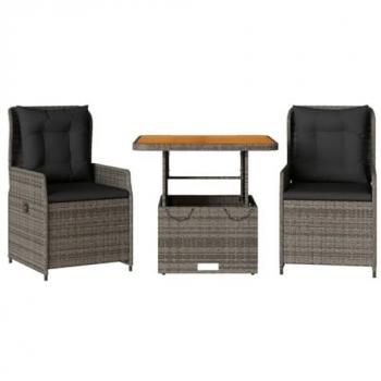 3-Piece Grey Poly Rattan Bistro Set with Cushions