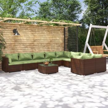 Set de muebles de jardín 10 pzas con cojines en ratán sintético marrón