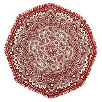 Alfombra Oriental de Algodón Roja Ø 120 cm con Diseño Boho y Borlas Mezitili