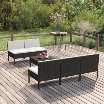 6-Piece Black Poly Rattan Garden Lounge Set with Cushions