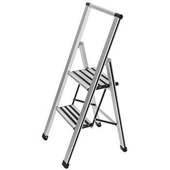 WENKO Escalera plegable en diseño de aluminio 2 peldaños, 2 marches, Aluminio, 44 x 101 x 5.5 cm, Plata mate