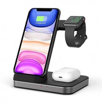 Boaraino Cargador Inalámbrico, 3 en 1 Soporte de Carga para Apple Watch y AirPods, Base de Carga Rápida de 7.5W para iPhone 12/12 Pro/12Pro Max/12Mini/11/X/8, cargador de inducción de 10W para Samsung