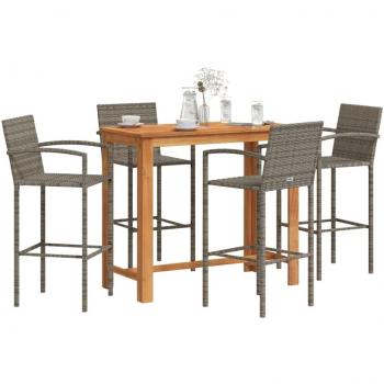 vidaXL 5 Piece Garden Bar Set Grey Solid Wood Acacia and Poly Rattan