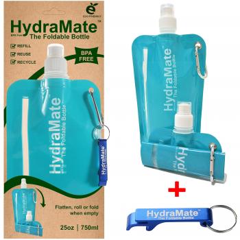 Botella Plegable - Botella De Agua Plegable De 750ml - Bolsa De Agua Enrollable, Ligera, Flexible Y Exprimible Libre de BPA. Botella Plegable Y Rellenable Para Viajes. Clip Mosquetón.