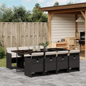 9-Piece Black Poly Rattan Garden Dining Set with Cushions