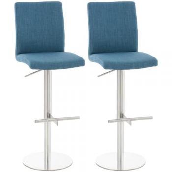 Set de 2 Taburetes de Bar Cadiz en Tela Azul con Estructura de Acero Inoxidable, Regulables en Altura y Giratorios