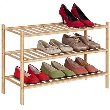 Zapatero Apilable de Bambú para 18 Zapatos, Compacto y Natural, 3 Baldas (46,5 x 68 x 28 cm)
