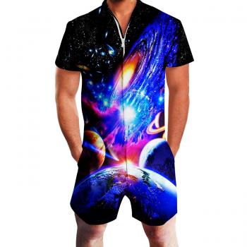 Goodstoworld Mameluco Jumpsuit Hombre 3D Gráfico Impreso Zip Up Mono Camisa de Grandad Verano Onesies XXL Galaxy Space