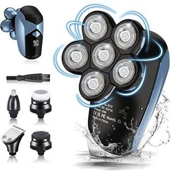 Afeitadora Electrica Hombre, 5 In 1 Afeitadora Cabeza Hombre con 6 Cabezas Rotativa Máquina de Afeitar Impermeable Uso en Húmedo y Seco USB Recargable, Afeitadora Barba Hombre