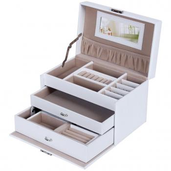 Songmics JBC126W - Caja de almacenamiento para la joyería, 24,5 x 15,5 x 16 cm, color blanco y marrón