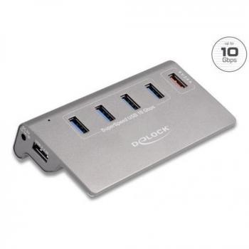 Hub USB 10 Gbps de Delock con 4 Puertos USB Tipo-A y 1 Puerto de Carga Rápida, Incluye Fuente de Alimentación