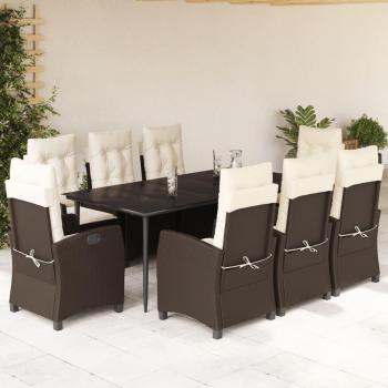 9-Piece Brown Poly Rattan Garden Dining Set with Cushions