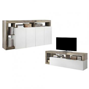 Conjunto Aparador y Mueble TV - Comedor contemporáneo SEFRO - Blanco lacado y roble