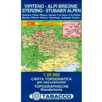 Mapa Turístico Tabacco 038 - Sterzing y Alpes Stubai 1:25,000 con Kilometraje U.T.M. y GPS