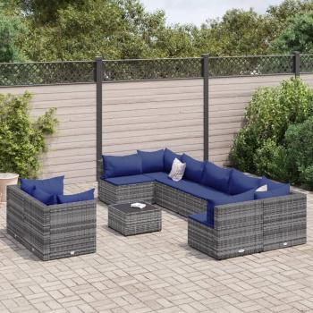 10-Piece Grey Poly Rattan Garden Sofa Set with Cushions