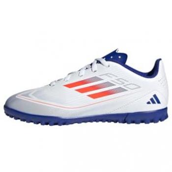 Botas de fútbol adidas F50 Club TF, tipo turf, para niños y adultos, con diseño en FTWR White/Solar Red/Lucid Blue, disponibles en talla 37.5 EU