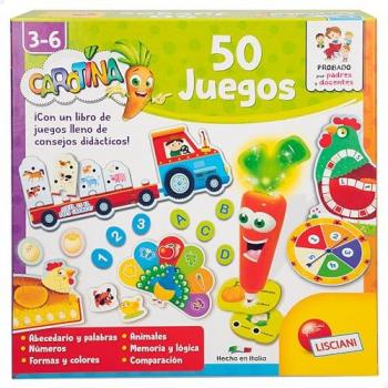 Juego Carotina Lisciani 50 juegos didácticos con bolígrafo parlante, tablero doble cara, 55 fichas, 24 tarjetas memo, 10 puzles y maxi póster para niños a partir de