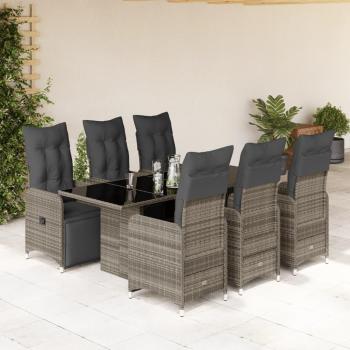 7-Piece Grey Poly Rattan Garden Bistro Set with Cushions