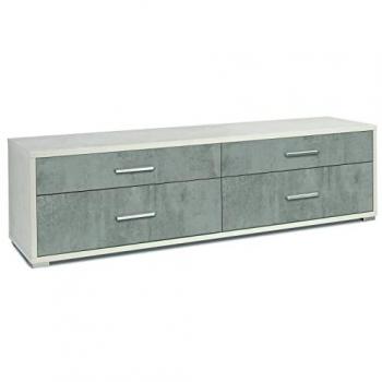 Mueble de TV bajo de madera con 4 cajones en color Óxido Blanco y frente Cemento - 179x47x50 cm