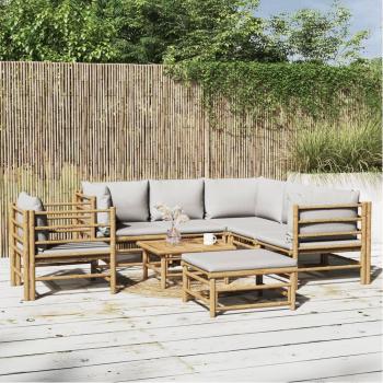 8-Piece Light Grey Bamboo Garden Lounge Set with Cushions