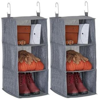 Set de 2 Estantes Colgantes para Armario, 3 Compartimentos, Tela, 73 x 30 x 30 cm, 2 Ganchos Cada Uno, Almacenamiento en Closet, Gris